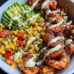 Grilled Shrimp Bowl with Avocado, Corn Salsa & Creamy Garlic Sauce 33 Grilled Shrimp Bowl with Avocado, Corn Salsa & Creamy Garlic Sauce