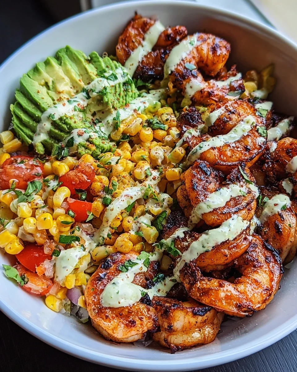 Grilled Shrimp Bowl with Avocado, Corn Salsa & Creamy Garlic Sauce