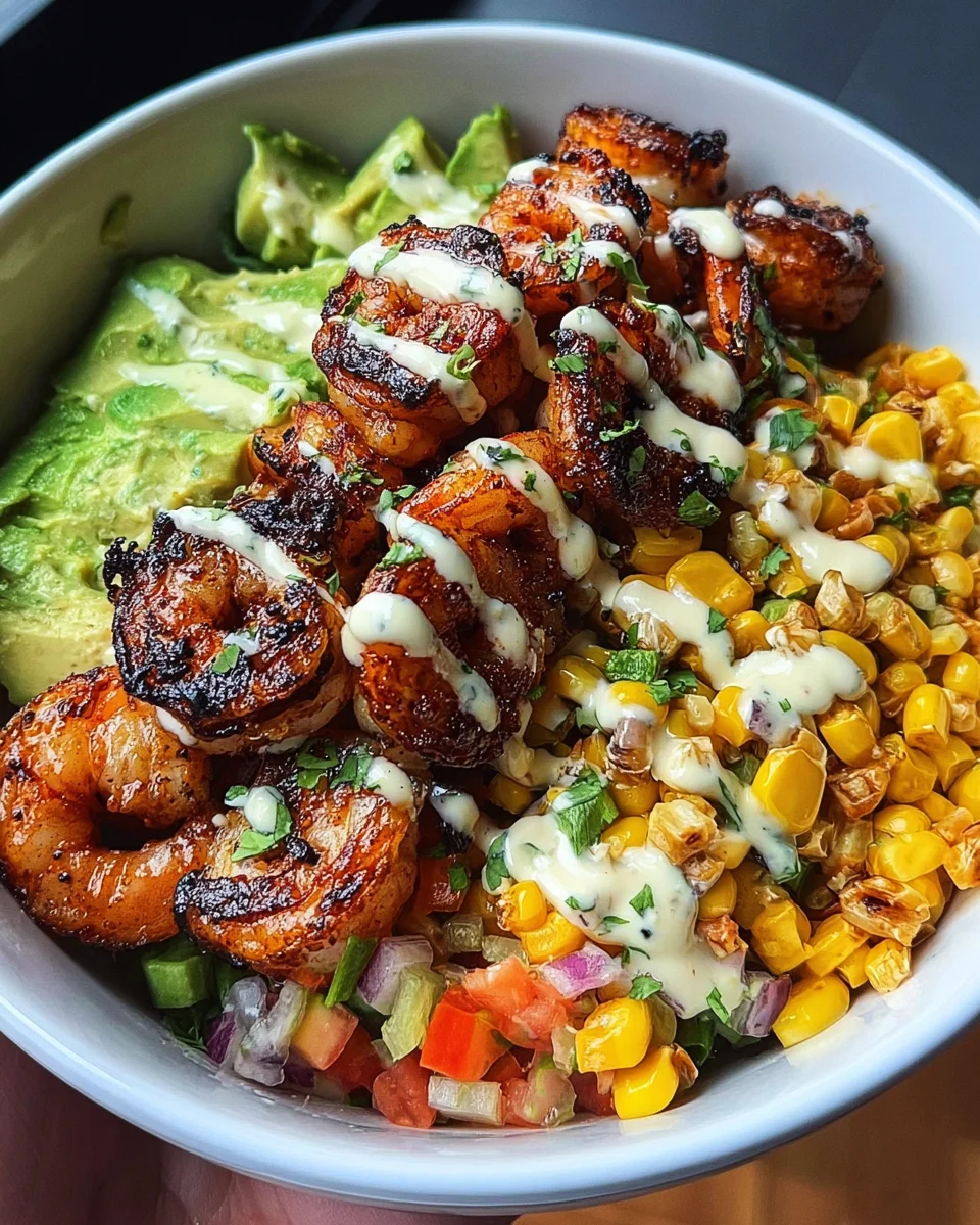 Grilled Shrimp Bowl with Avocado, Corn Salsa & Creamy Garlic Sauce 31 Grilled