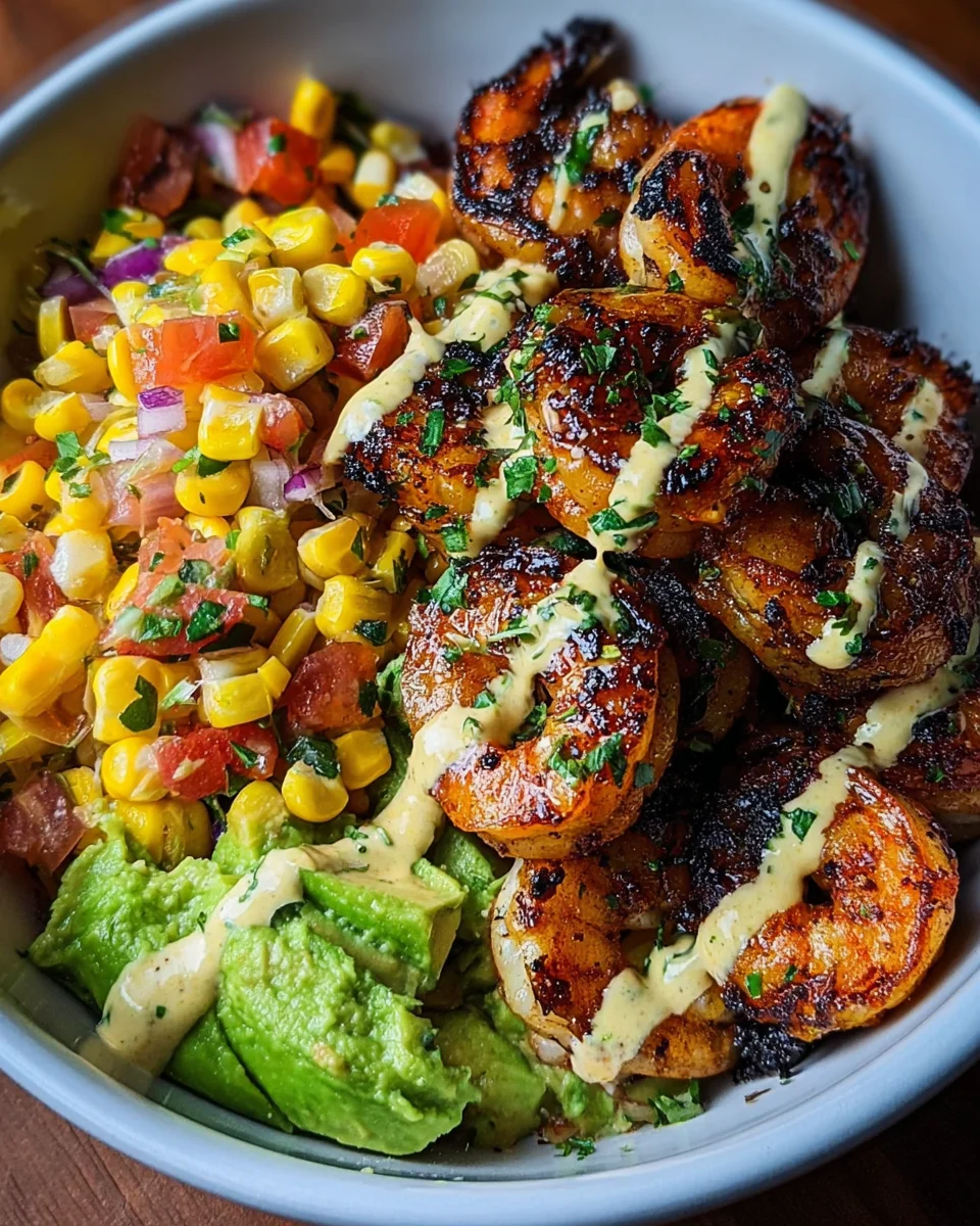 Grilled Shrimp Bowl with Avocado, Corn Salsa & Creamy Garlic Sauce 32 Grilled