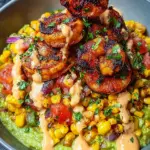 Grilled Shrimp Bowl with Avocado, Corn Salsa & Creamy Sauce 33 Grilled Shrimp Bowl with Avocado, Corn Salsa & Creamy Sauce