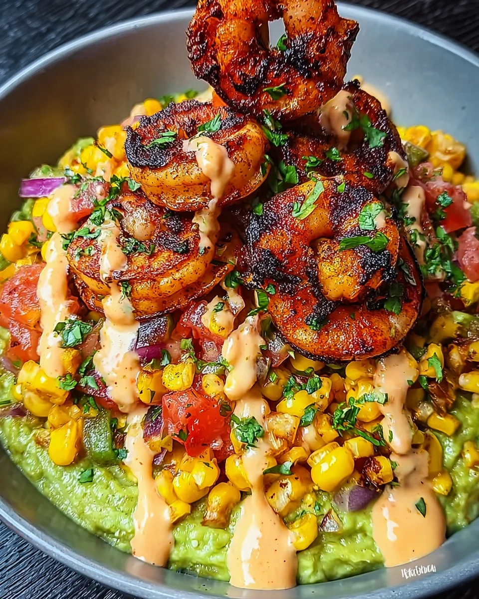 Grilled Shrimp Bowl with Avocado, Corn Salsa & Creamy Sauce