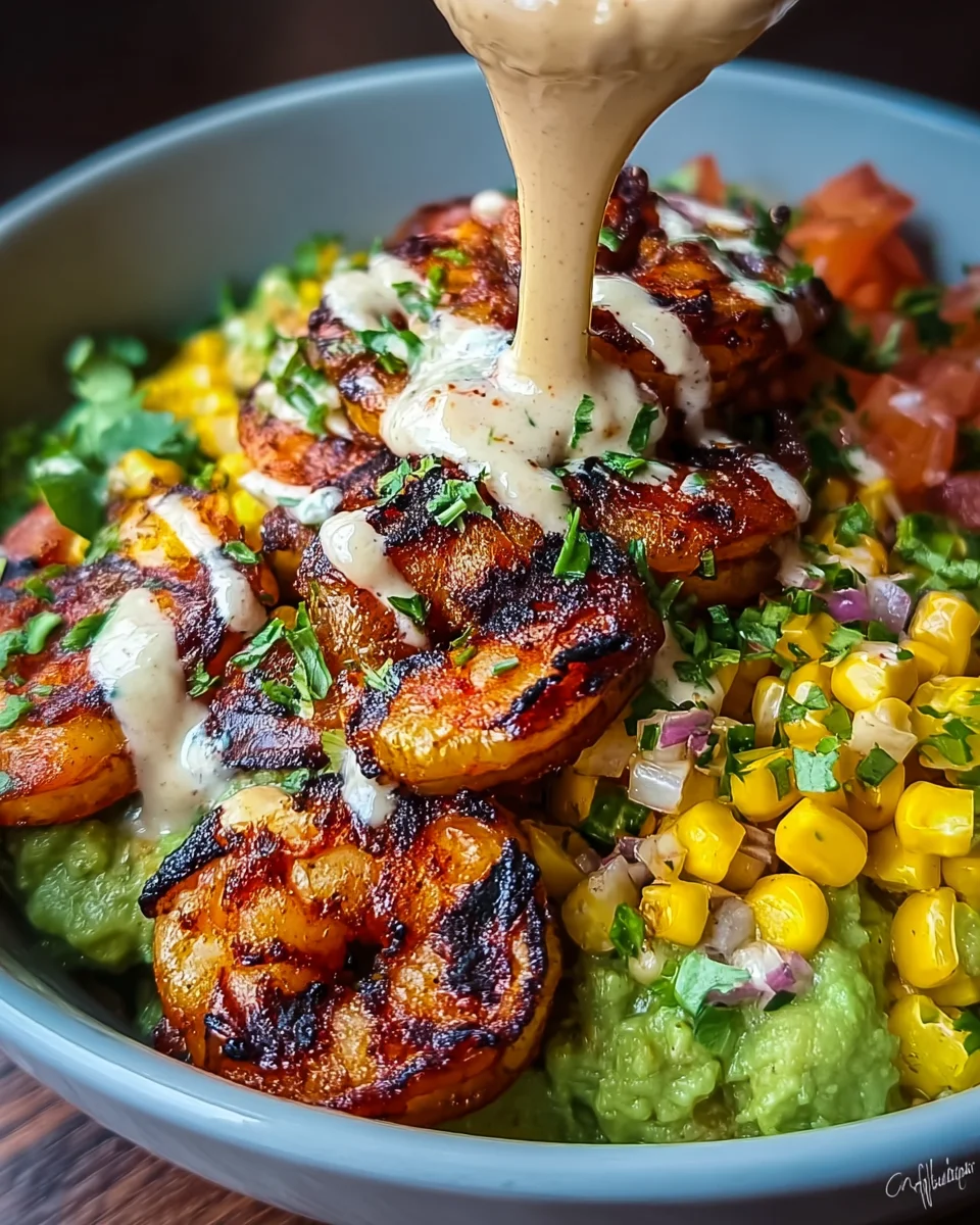 Grilled Shrimp Bowl with Avocado, Corn Salsa & Creamy Sauce 32 Grilled