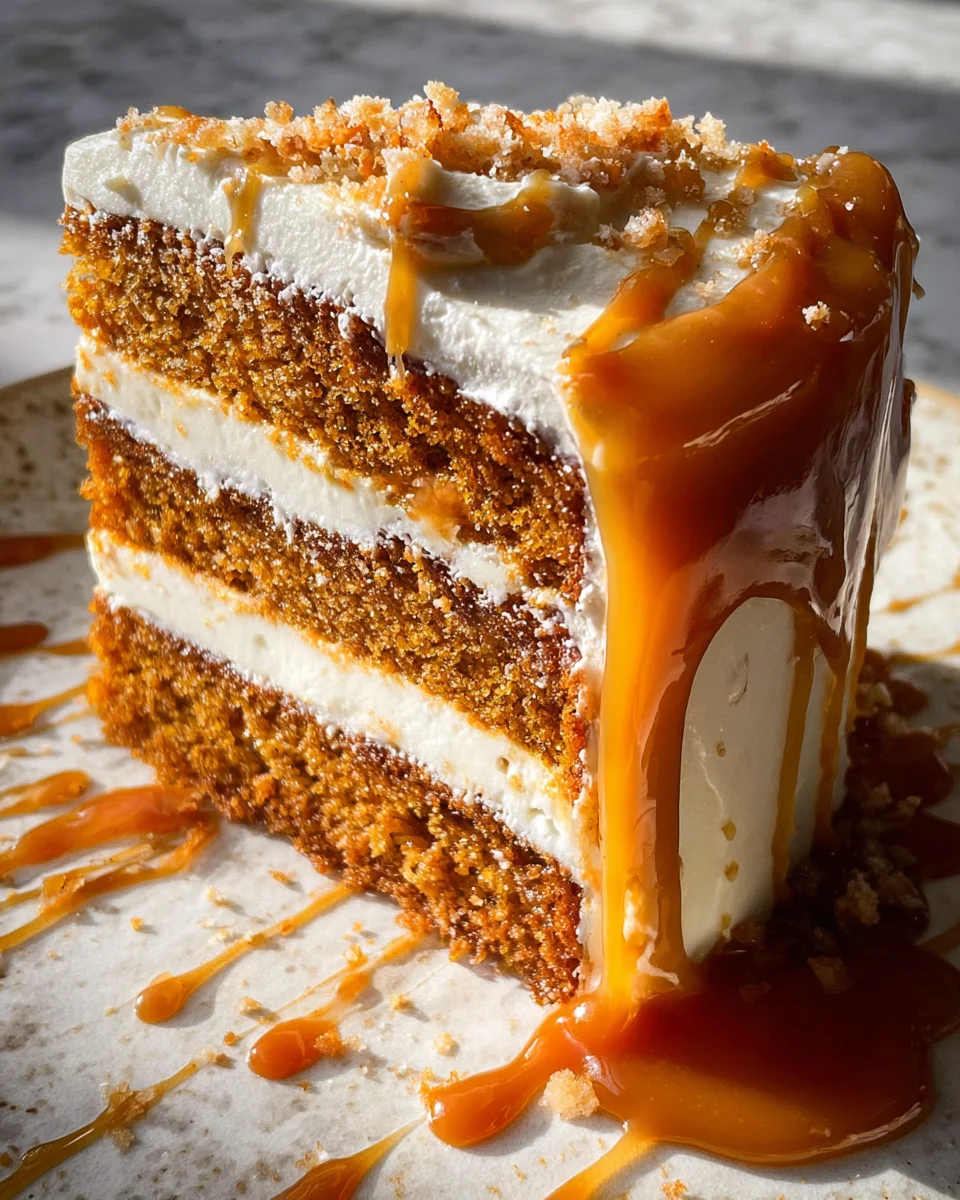 Pumpkin Cake with Cream Cheese Frosting and Salted Caramel Drizzle