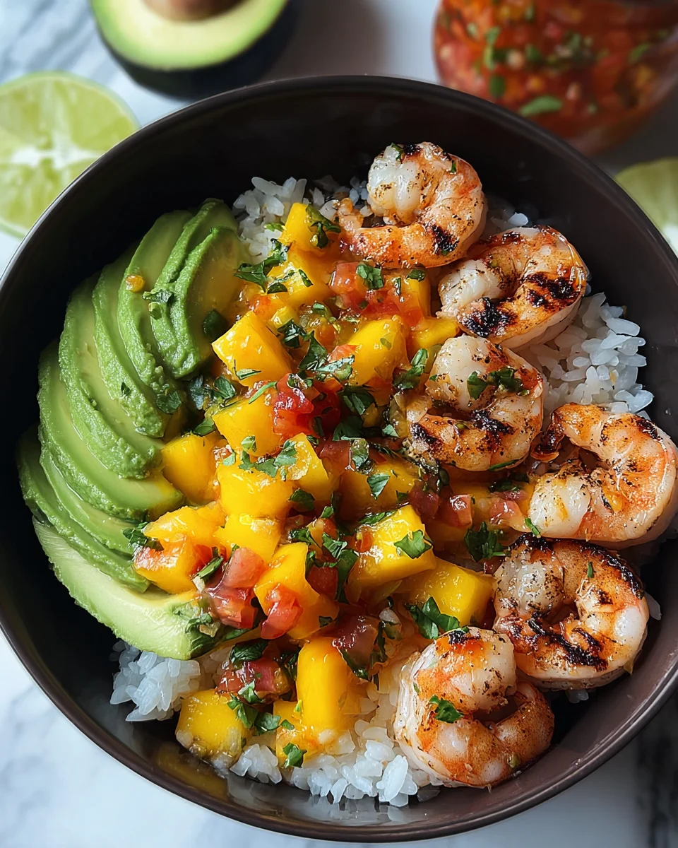 Shrimp and Avocado Bowls with Mango Salsa & Lime-Chili Sauce