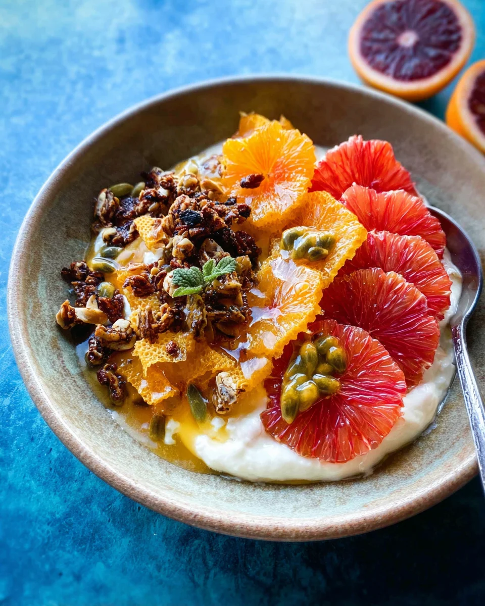 Winter Citrus Ricotta Breakfast Bowl with Honeycomb.