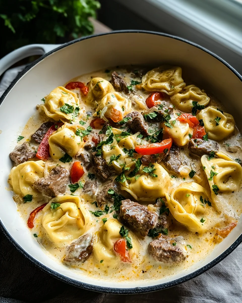 Cheesesteak Tortellini in Creamy Provolone Sauce