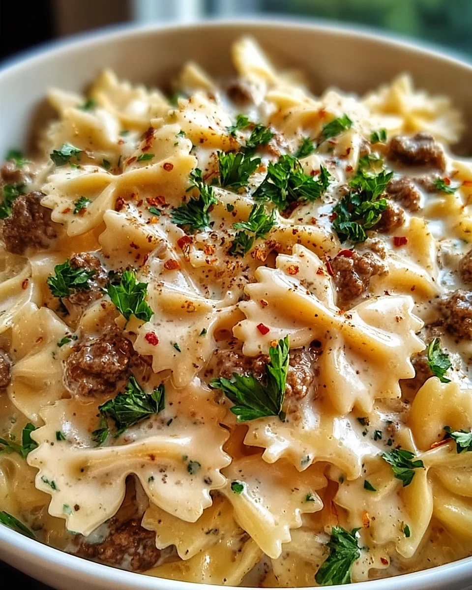 Beef and Bowtie Pasta with Alfredo Sauce