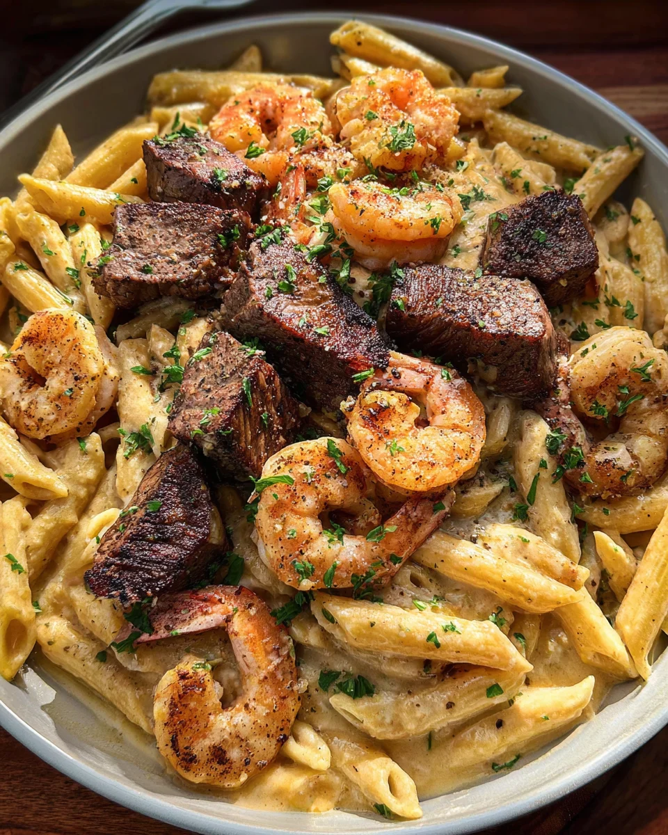 Blackened Steak and Shrimp Alfredo