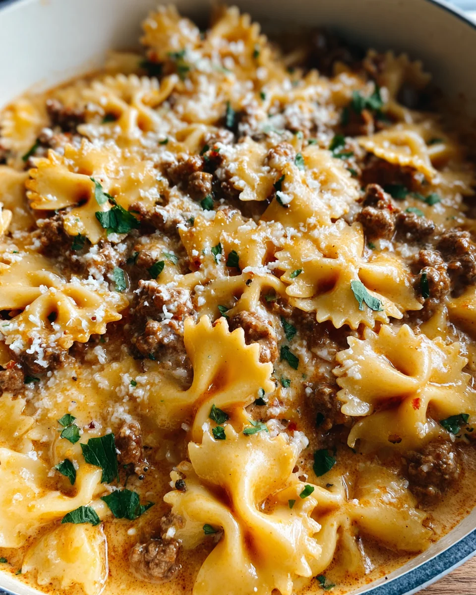 Cheesy Beef and Bowtie Pasta in Garlic Butter