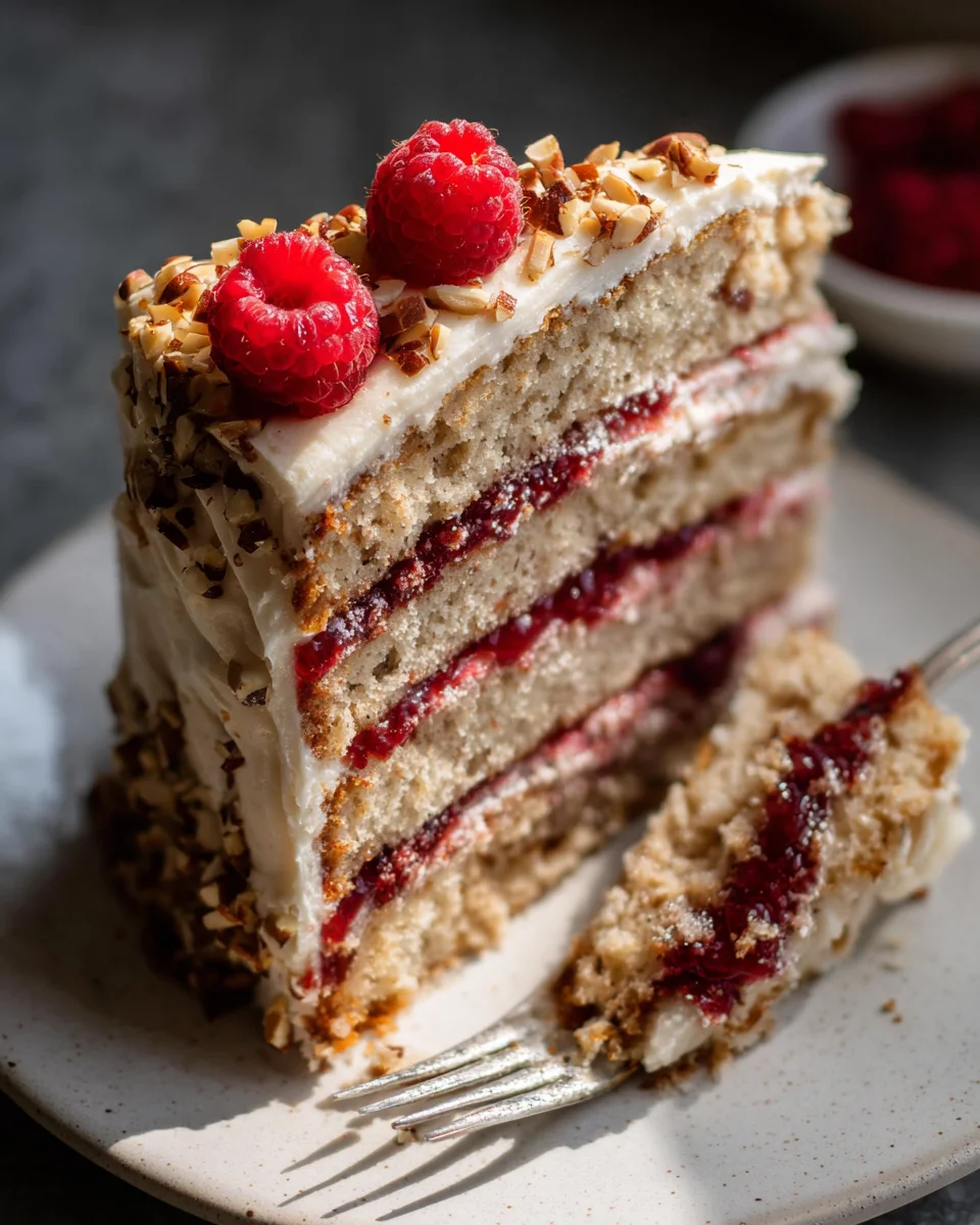 One Bowl Vegan Almond Raspberry Cake with Cream Cheese Frosting