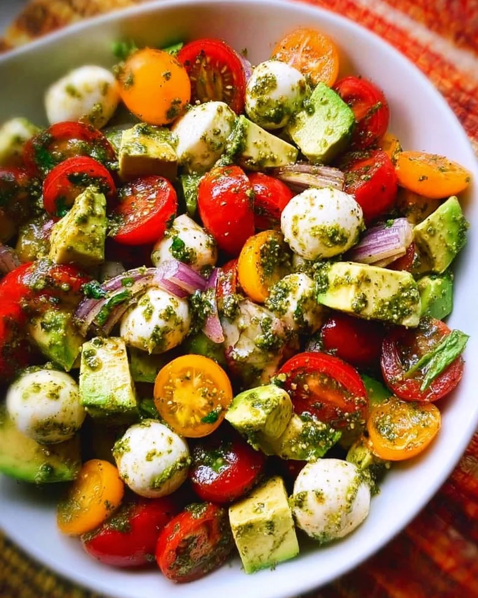 Tomato Cucumber Avocado Salad with Mozzarella and Basil Pesto