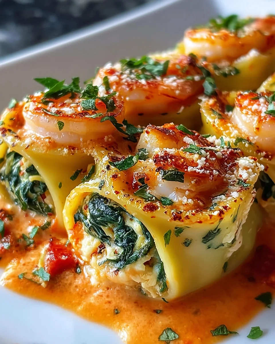 Shrimp and Spinach Stuffed Pasta Rolls with Roasted Red Pepper Cream