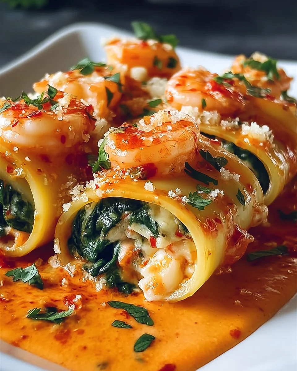 Shrimp and Spinach Stuffed Pasta Rolls with Roasted Red Pepper Cream 28 Shrimp
