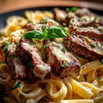 Steak and Creamy Garlic Parmesan Pasta